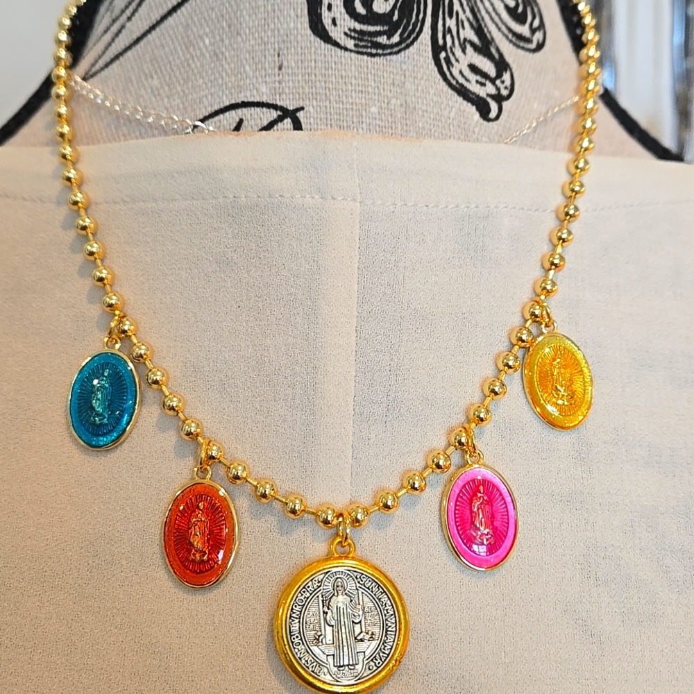 Gold necklace Chain. Colorful asst Religious Medals. Lux Designer Look For Less